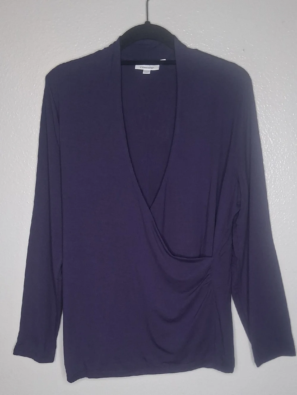 Chico's Top Purple Wrap V-neck Crossover Ruched Left Long Sleeve Stretch Sz L